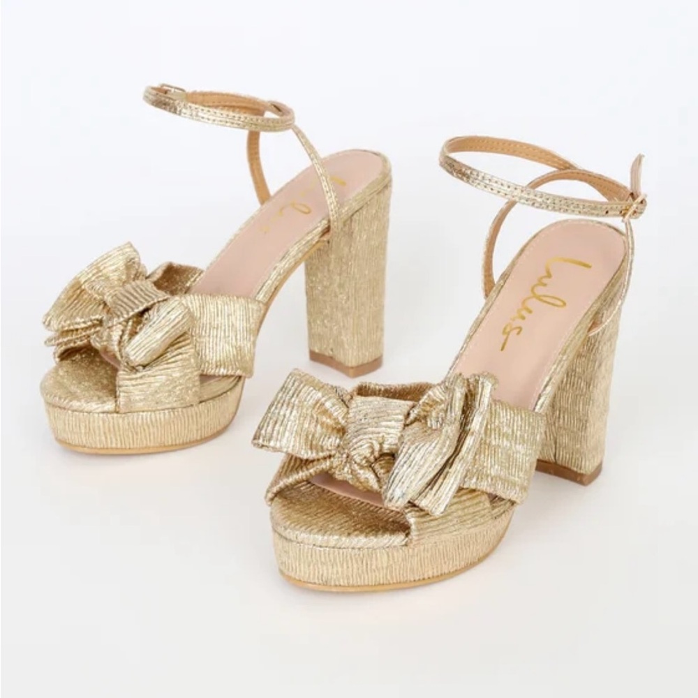 Lulus Gold Metallic Bow Platform Ankle Strap Heels Size 6.5